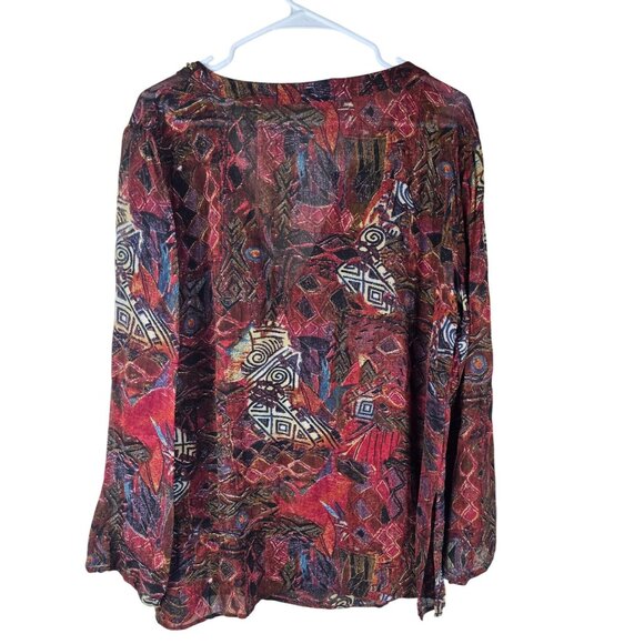 Chicos Red Boho V-Neck Beaded Tunic Top Size 2 Multicolor Lightweight 100% Rayon - Picture 2 of 5
